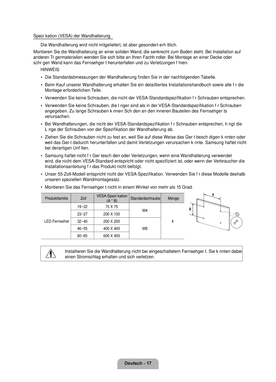 Samsung UE40D7000LSXZF VESA-Spezifikation Standardschraube, 19~22 75 X 23~27 200 X, 32~40 200 X 46~55 400 X 60~65 600 X 