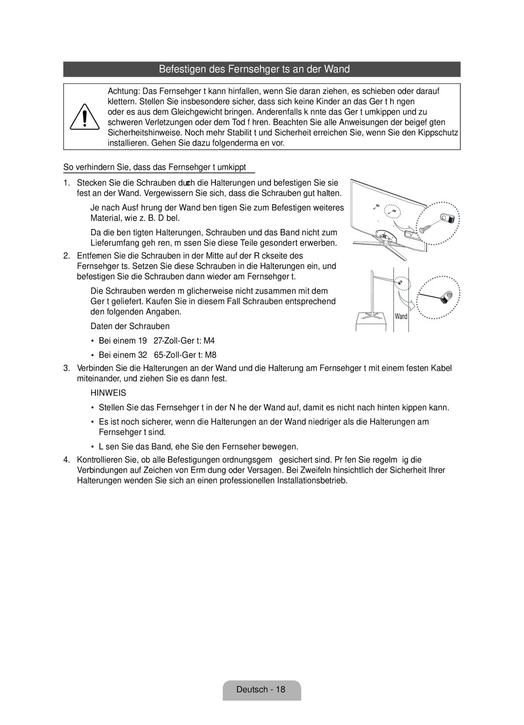 Samsung UE55D7000LSXZF manual Befestigen des Fernsehgeräts an der Wand, So verhindern Sie, dass das Fernsehgerät umkippt 