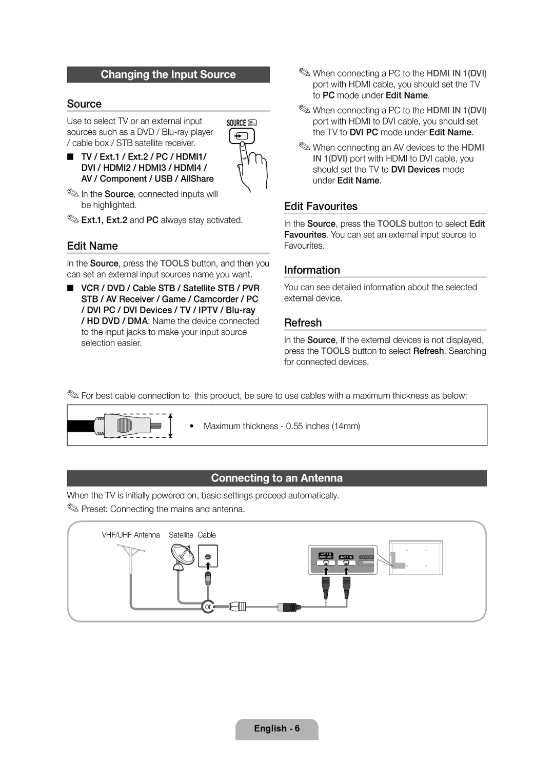 Samsung UE40D7000LSXZF, UE55D7000LSXZF, UE46D7000LSXZF manual Changing the Input Source, Connecting to an Antenna 