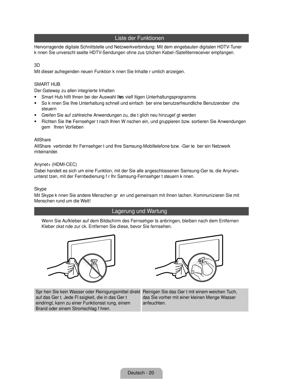 Samsung UE40D7000LSXZF, UE55D7000LSXZF, UE46D7000LSXZF manual Liste der Funktionen, Lagerung und Wartung 