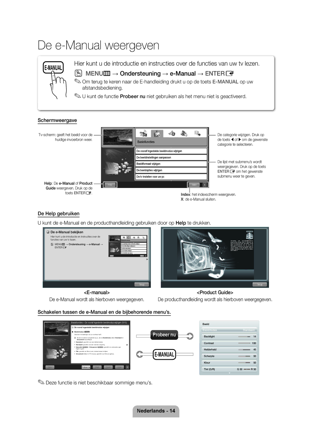 Samsung UE46D7000LSXZF, UE40D7000LSXZF, UE55D7000LSXZF manual Menu m → Ondersteuning → e-Manual → Enter E, Afstandsbediening 