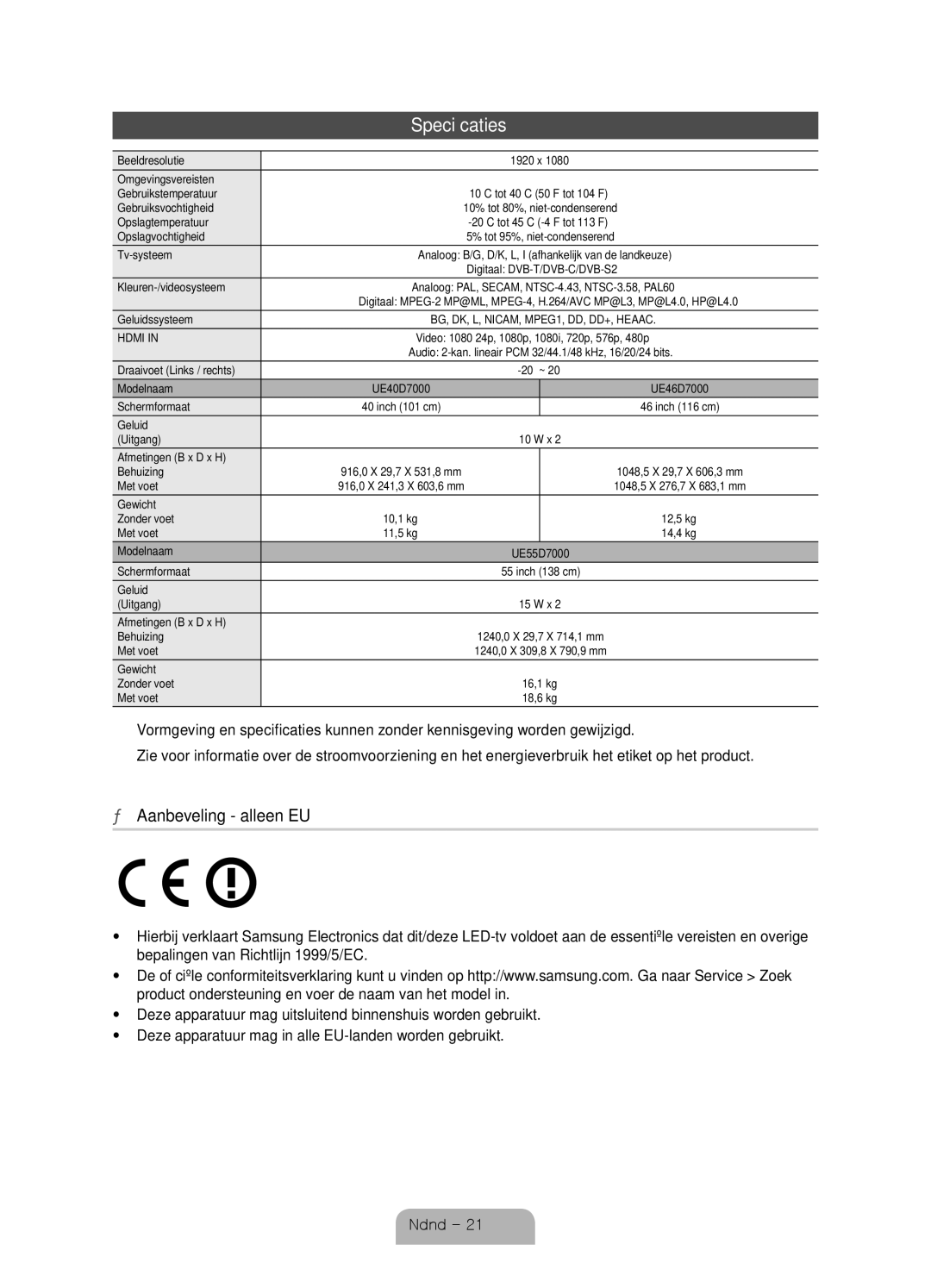 Samsung UE40D7000LSXZF, UE55D7000LSXZF, UE46D7000LSXZF manual Specificaties 