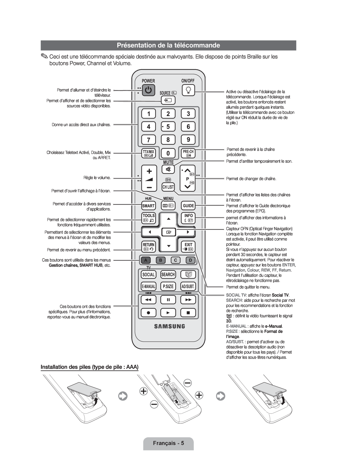 Samsung UE55D7000LSXZF manual Présentation de la télécommande, Français, Power On/Off Source, Mute Ch List, P.Size, Ad/Subt 