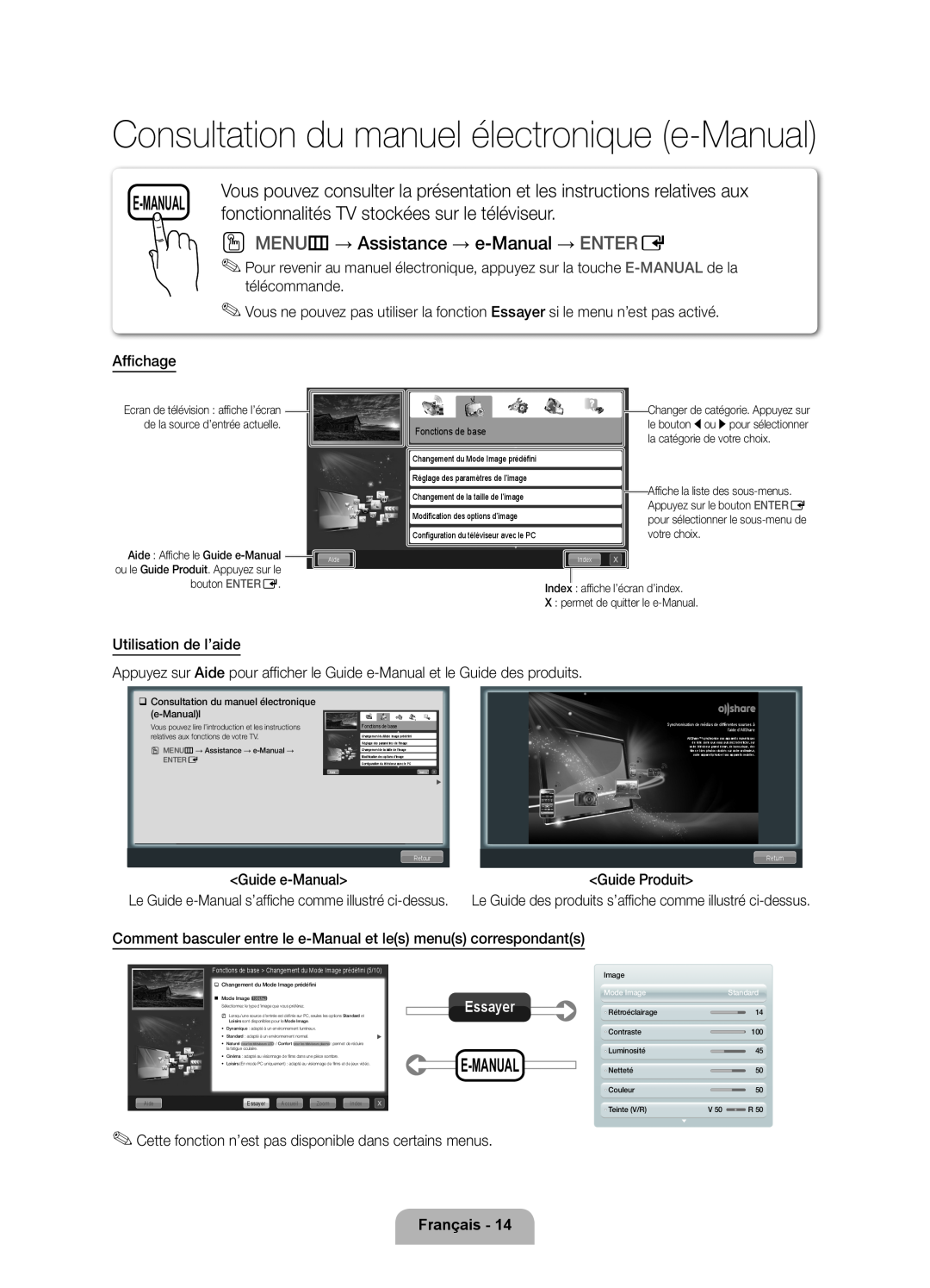 Samsung UE55D7000LSXZF fonctionnalités TV stockées sur le téléviseur, O MENUm → Assistance → e-Manual → ENTERE, E-Manual 