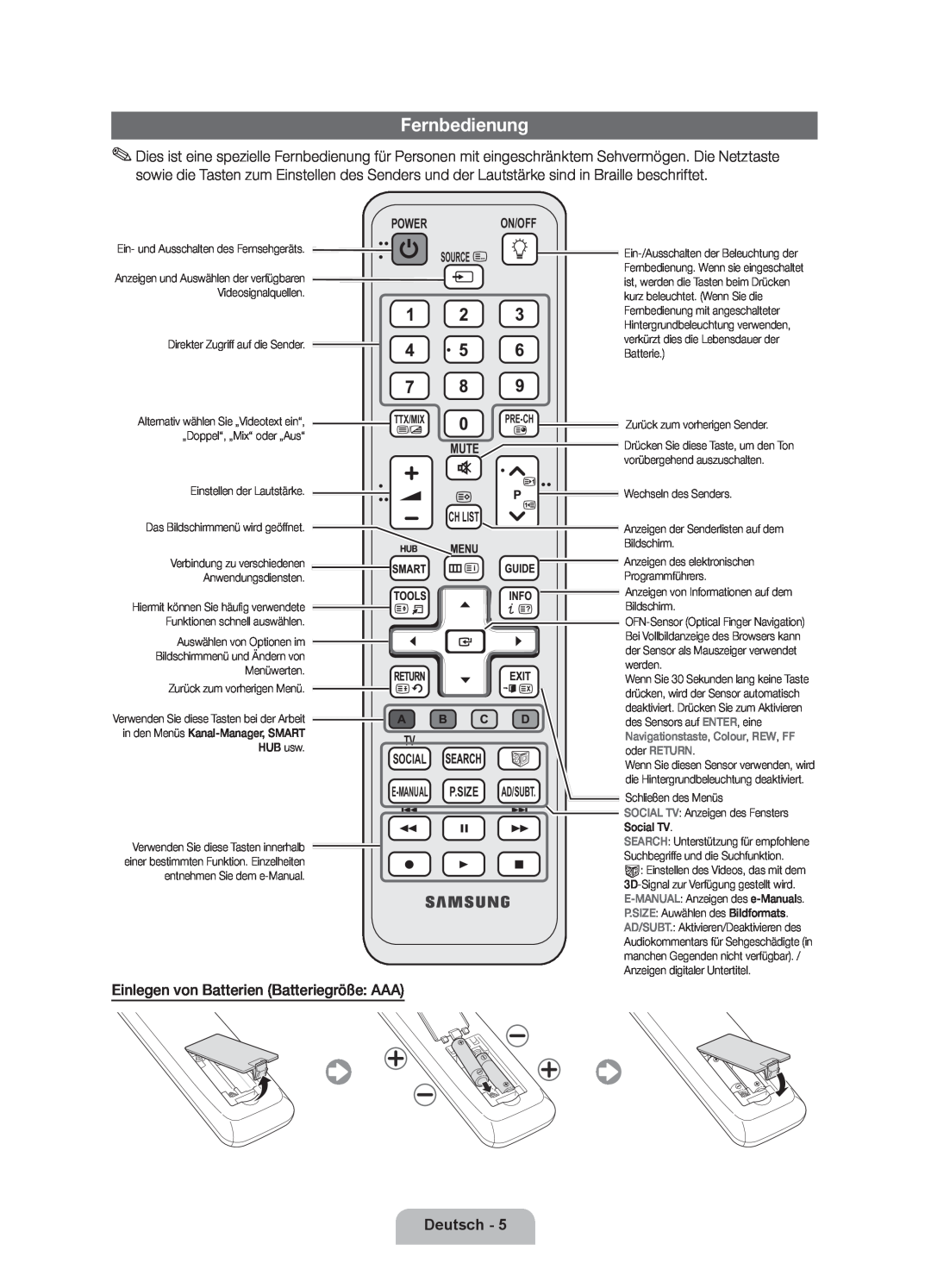 Samsung UE40D7000LSXZF manual Fernbedienung, Einlegen von Batterien Batteriegröße AAA, Deutsch, Power On/Off Source 