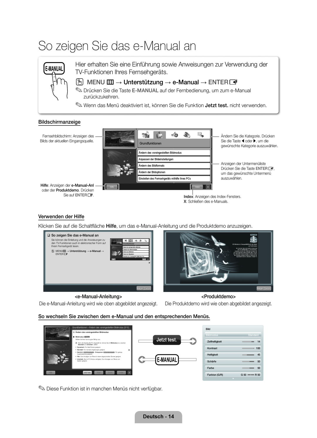 Samsung UE40D7000LSXZF So zeigen Sie das e-Manual an, TV-Funktionen Ihres Fernsehgeräts, E-Manual, Jetzt test, Deutsch 