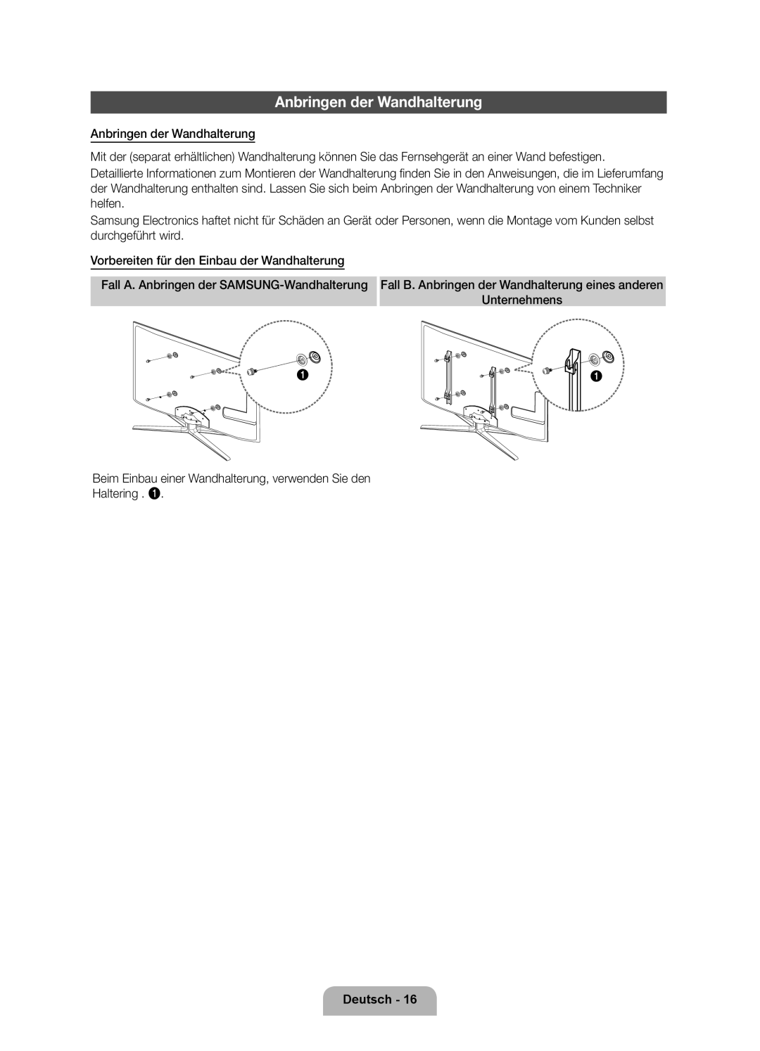 Samsung UE46D7000LSXZF, UE40D7000LSXZF, UE55D7000LSXZF manual Anbringen der Wandhalterung, Deutsch 