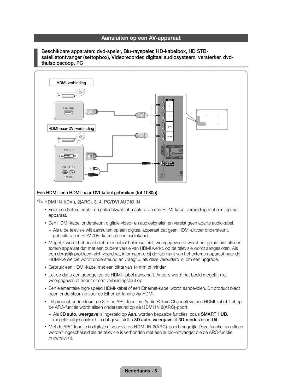 Samsung UE46D7000LSXZF manual Aansluiten op een AV-apparaat, HDMI IN 1DVI, 2ARC, 3, 4, PC/DVI AUDIO IN, Nederlands 