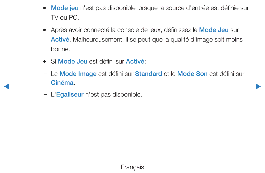 Samsung UE46D7000LUXXU, UE40D7000LSXZF, UE55D8000YSXZF, UE60D8000YSXZF manual Cinéma, LEgaliseur nest pas disponible Français 