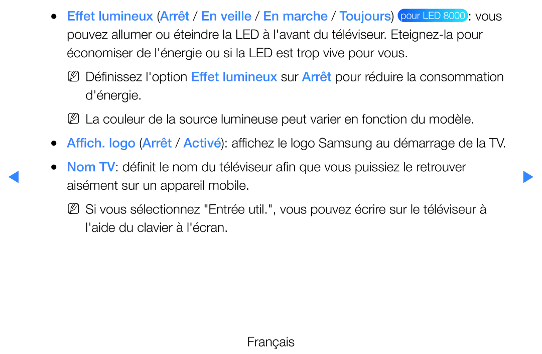 Samsung UE40D7000LSXZF, UE55D8000YSXZF, UE60D8000YSXZF manual Effet lumineux Arrêt / En veille / En marche / Toujours, Vous 