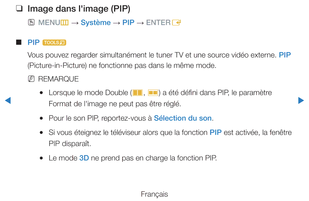 Samsung UE40D8000YSXZF, UE40D7000LSXZF, UE55D8000YSXZF manual Image dans limage PIP, OO MENUm → Système → PIP → Entere PIP t 