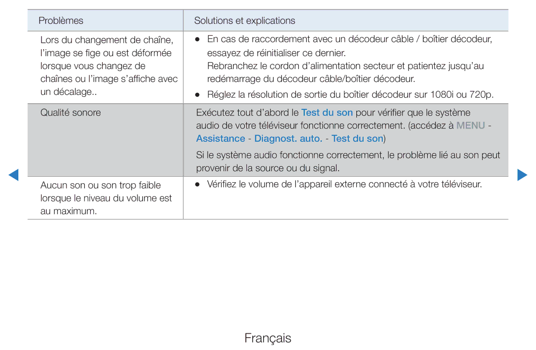 Samsung UE40D8000YSXZF, UE40D7000LSXZF, UE55D8000YSXZF, UE60D8000YSXZF, UE55D7000LSXZF Assistance Diagnost. auto. Test du son 
