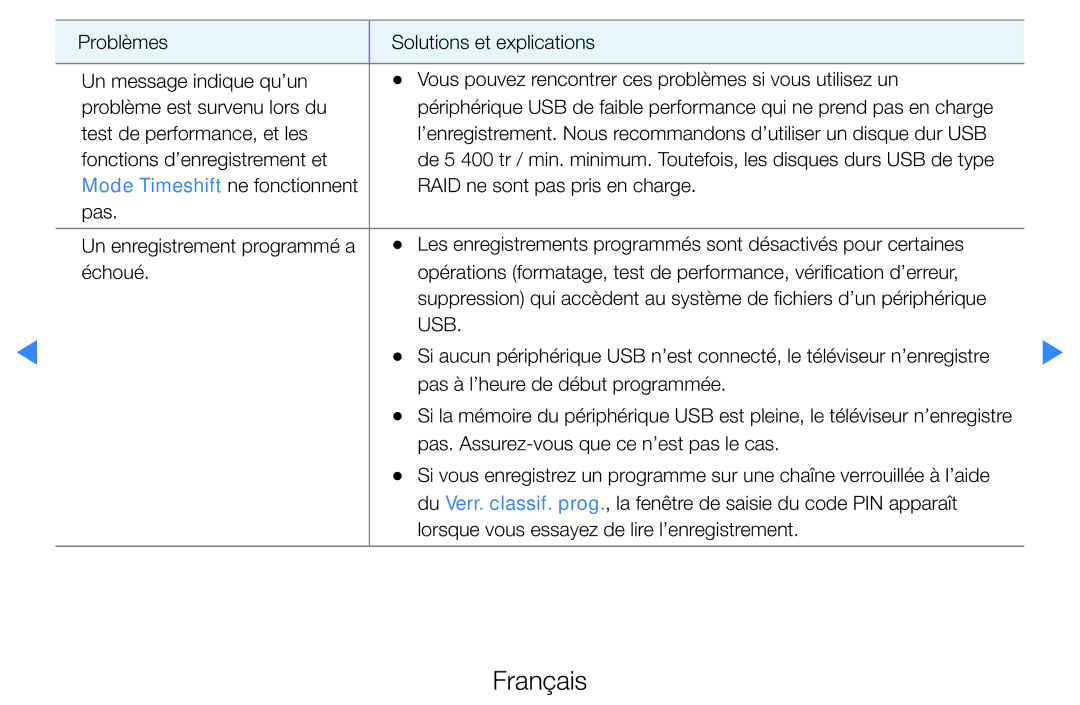 Samsung UE40D8000YQXZT, UE40D7000LSXZF, UE55D8000YSXZF, UE60D8000YSXZF, UE55D7000LSXZF manual Mode Timeshift ne fonctionnent 