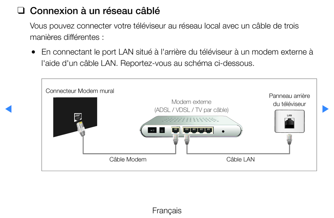 Samsung UE46D7000LUXXU, UE40D7000LSXZF, UE55D8000YSXZF, UE60D8000YSXZF, UE55D7000LSXZF manual Connexion à un réseau câblé 