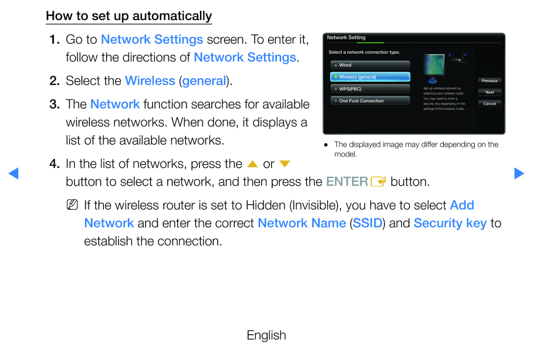 Samsung UE55D7090LSXZG, UE40D8000YSXXH, UE40D7000LSXXH manual Select the Wireless general, Establish the connection English 