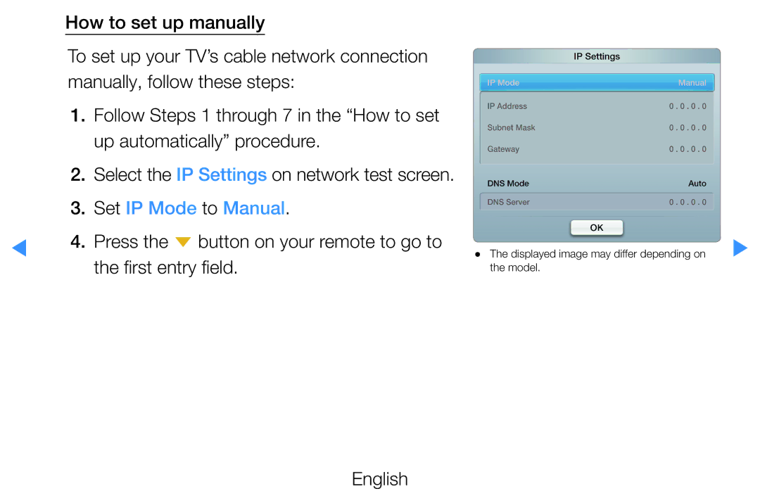 Samsung UE46D7000LSXXC, UE40D8000YSXXH, UE40D7000LSXXH, UE40D8090YSXZG manual Select the IP Settings on network test screen 