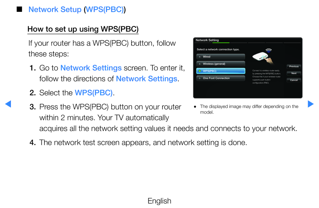 Samsung UE55D7000LSXTK, UE40D8000YSXXH Network Setup Wpspbc, Select the Wpspbc, Press the Wpspbc button on your router 