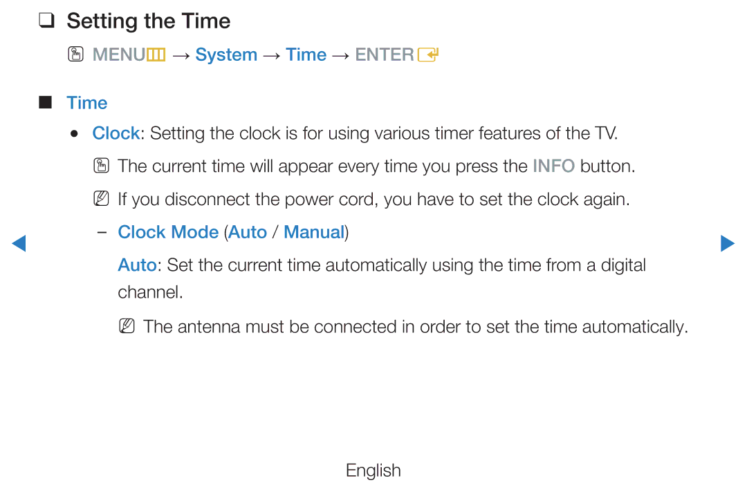 Samsung UE46D8000YSXZF manual Setting the Time, OO MENUm → System → Time → Entere, Clock Mode Auto / Manual, Channel 