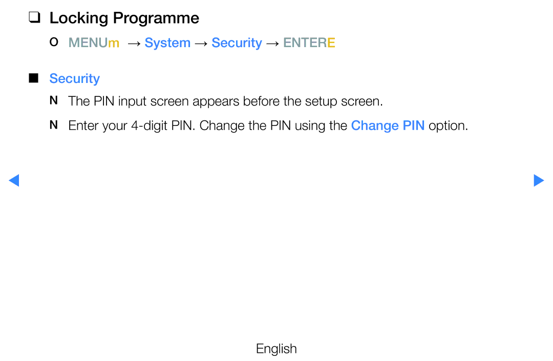 Samsung UE40D7000LSXXC, UE40D8000YSXXH, UE40D7000LSXXH manual Locking Programme, OO MENUm → System → Security → Entere 