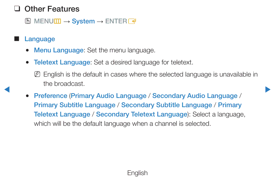 Samsung UE46D8000YUXXU, UE40D8000YSXXH, UE40D7000LSXXH, UE40D8090YSXZG, UE46D7000LSXTK OO MENUm → System → Entere, Language 