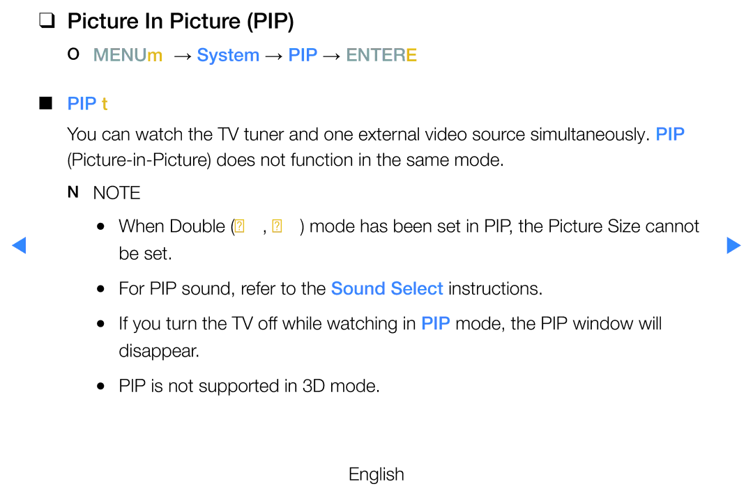 Samsung UE60D8000YSXRU, UE40D8000YSXXH, UE40D7000LSXXH manual Picture In Picture PIP, OO MENUm → System → PIP → Entere PIP t 