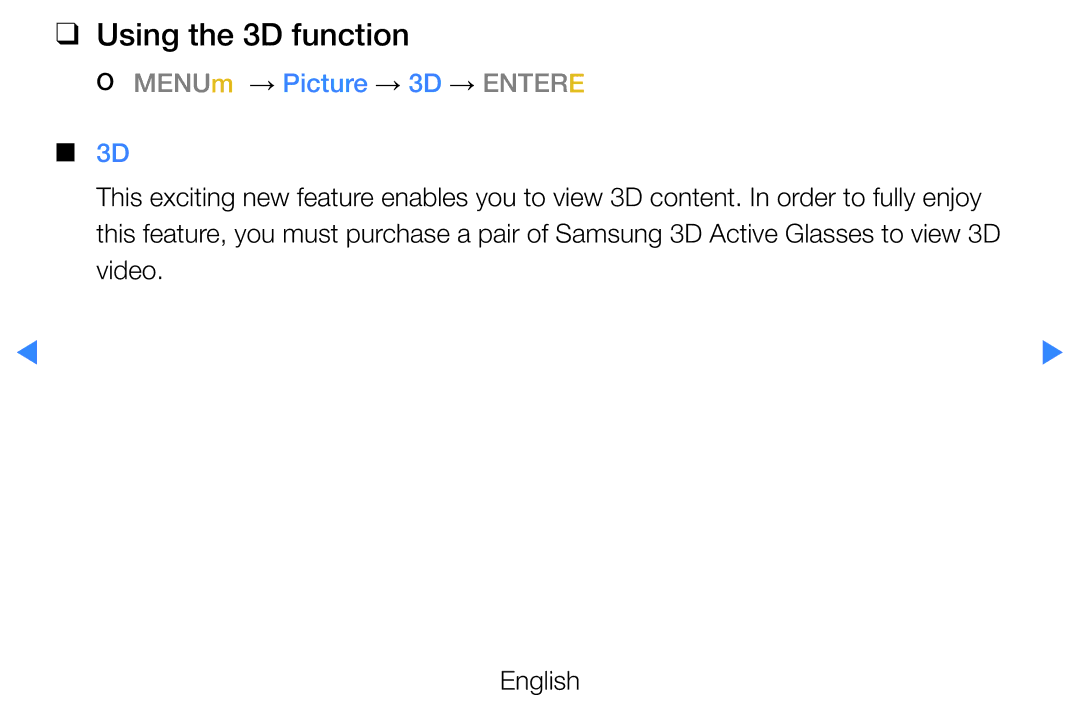 Samsung UE46D7080LSXZG, UE40D8000YSXXH, UE40D7000LSXXH manual Using the 3D function, OO MENUm → Picture → 3D → Entere 