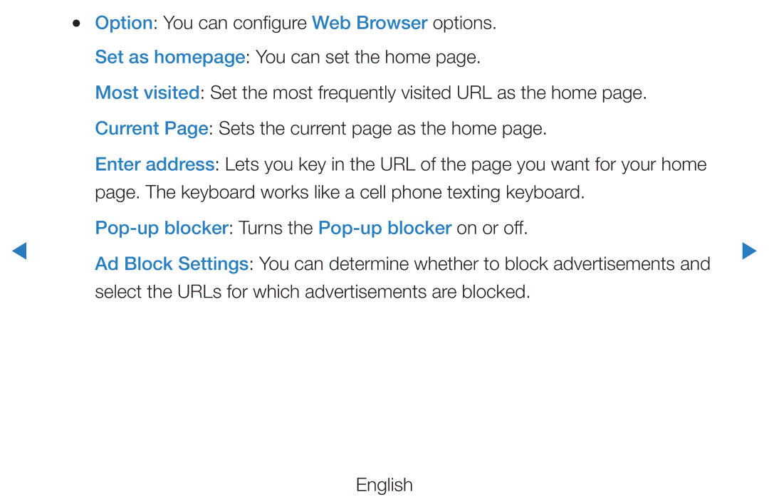 Samsung UE46D7000LQXZT, UE40D8000YSXXH Option You can configure Web Browser options, Set as homepage You can set the home 
