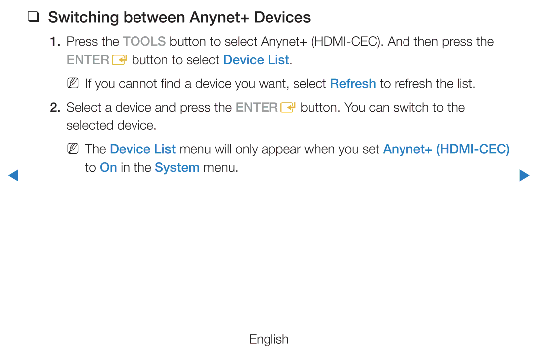 Samsung UE40D7005LUXXE, UE40D8000YSXXH, UE40D7000LSXXH manual Switching between Anynet+ Devices, To On in the System menu 