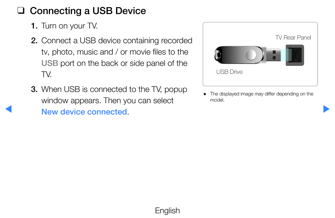 Samsung UE46D8000YSXRU, UE40D8000YSXXH, UE40D7000LSXXH, UE40D8090YSXZG manual Connecting a USB Device, New device connected 