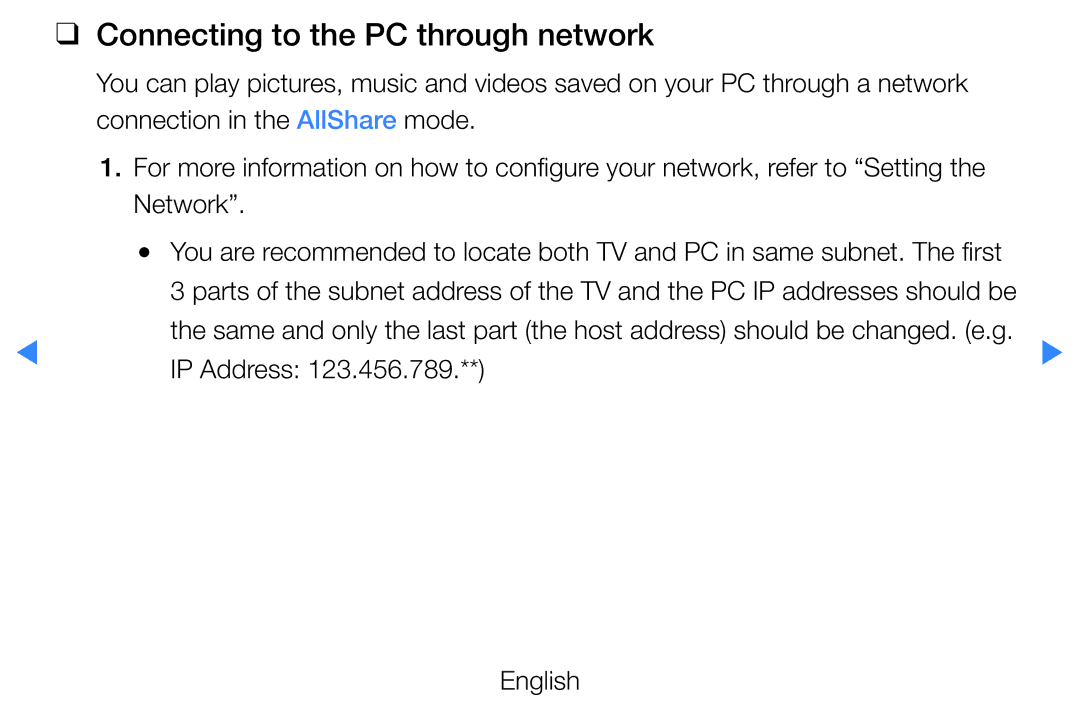 Samsung UE55D8000YSXRU, UE40D8000YSXXH, UE40D7000LSXXH manual Connecting to the PC through network, IP Address English 