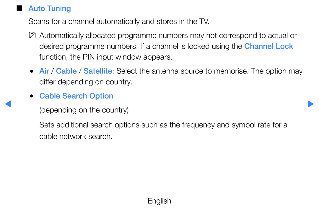 Samsung UE55D8090YSXZG manual Auto Tuning, Differ depending on country, Cable Search Option, Depending on the country 