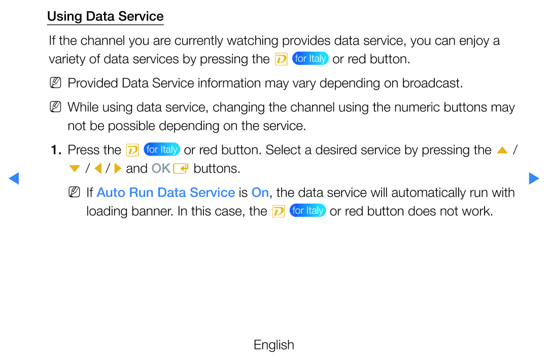 Samsung UE40D8000YSXZF, UE40D8000YSXXH manual Using Data Service, R and OKE buttons, Or red button does not work English 