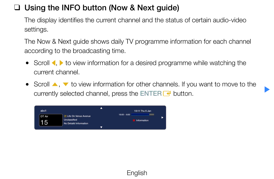 Samsung UE46D7000LSXTK, UE40D8000YSXXH, UE40D7000LSXXH, UE40D8090YSXZG manual Using the Info button Now & Next guide, English 