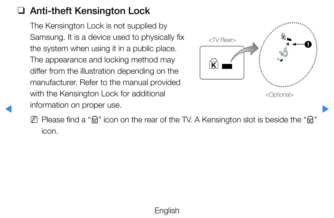 Samsung UE46D7080LSXZG, UE40D8000YSXXH, UE40D7000LSXXH, UE40D8090YSXZG, UE46D7000LSXTK manual Anti-theft Kensington Lock 