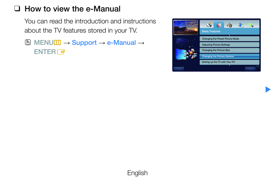 Samsung UE40D8000YSXXH, UE40D7000LSXXH, UE40D8090YSXZG manual How to view the e-Manual, OO MENUm → Support → e-Manual → 