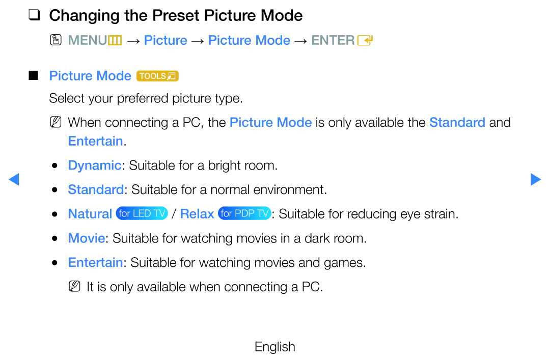 Samsung UA55D7000LNXHC manual Changing the Preset Picture Mode, OO MENUm → Picture → Picture Mode → Entere Picture Mode t 