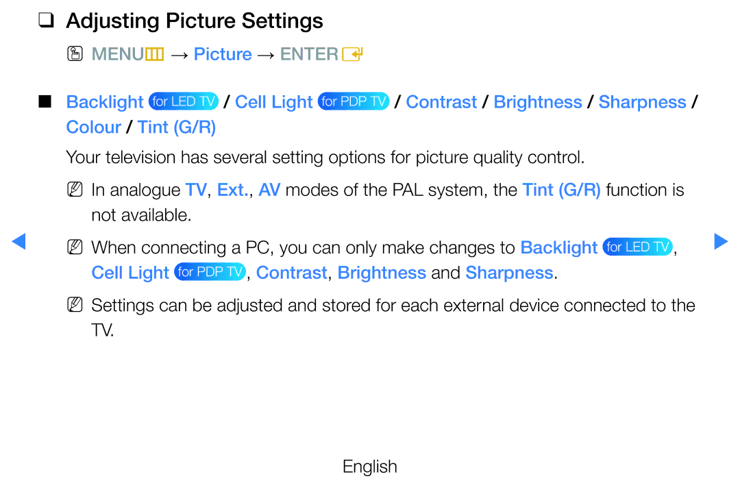 Samsung UA55D7000LNXZN manual Adjusting Picture Settings, Cell Light for PDP TV , Contrast, Brightness and Sharpness 