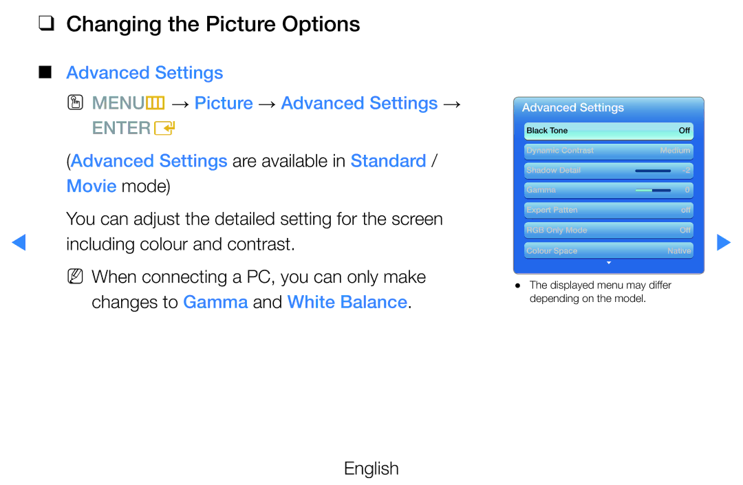 Samsung UE40D8000YUXXU manual Changing the Picture Options, Advanced Settings OO MENUm → Picture → Advanced Settings → 