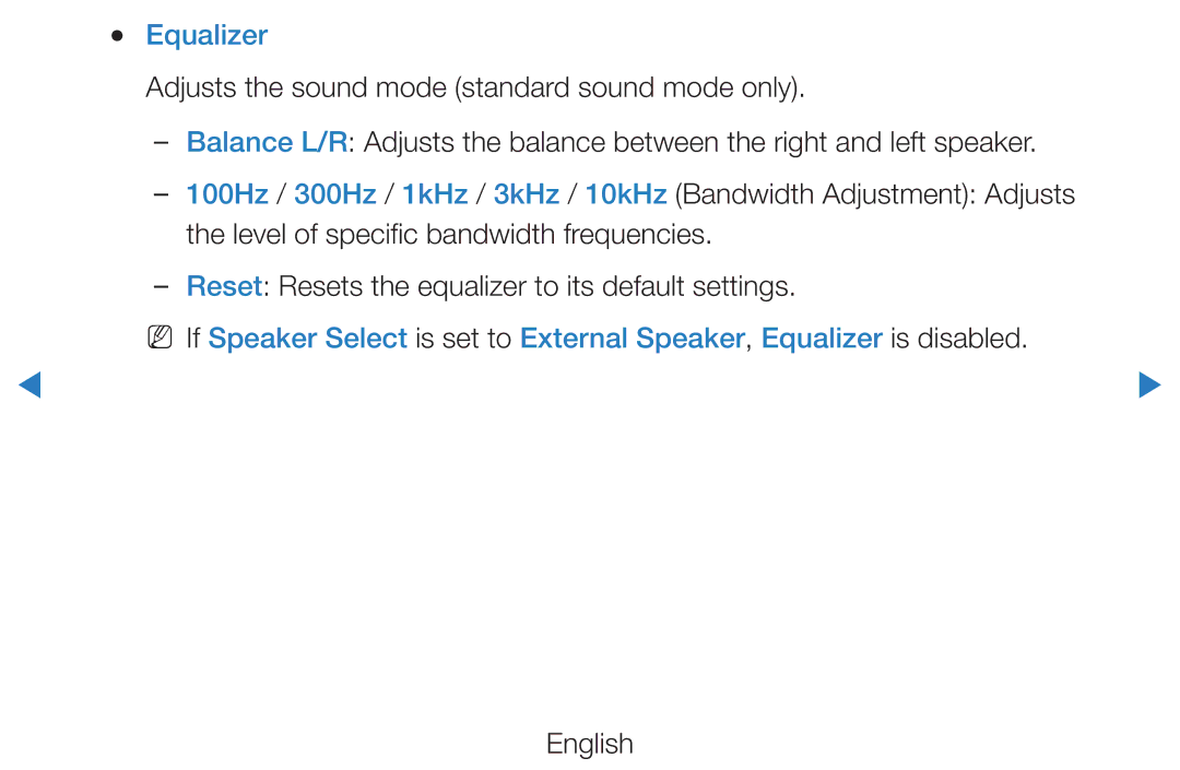 Samsung UE55D7080LSXZG Equalizer, Adjusts the sound mode standard sound mode only, Level of specific bandwidth frequencies 