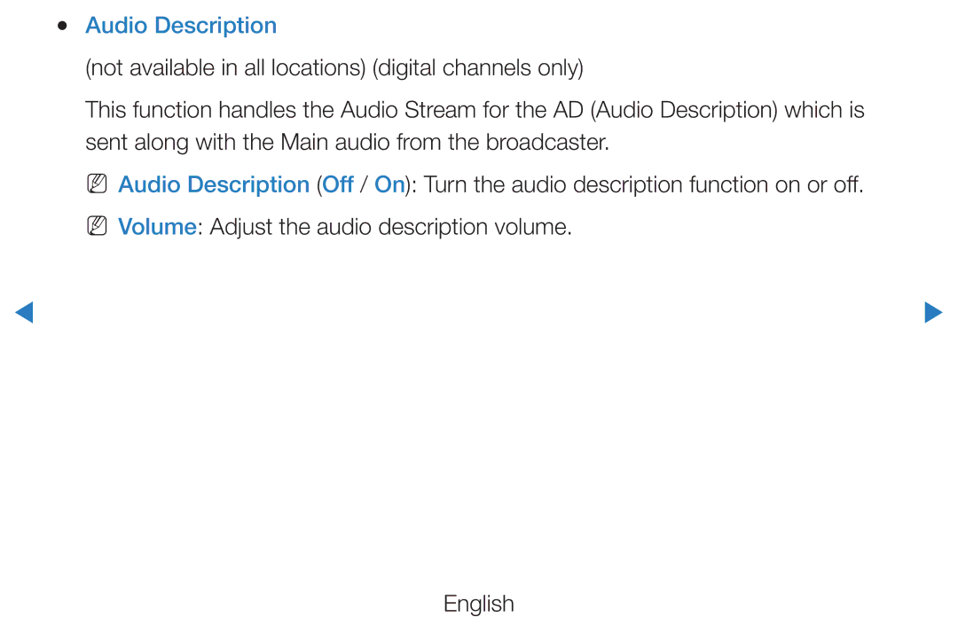 Samsung UE55D8080YSXZG, UE40D8000YSXXH, UE40D7000LSXXH, UE40D8090YSXZG, UE46D7000LSXTK, UE46D7000LSXXH manual Audio Description 