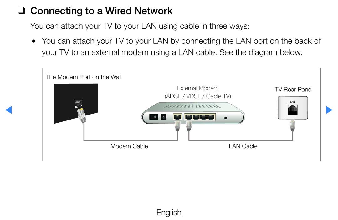 Samsung UE55D8000YQXZT manual Connecting to a Wired Network, You can attach your TV to your LAN using cable in three ways 