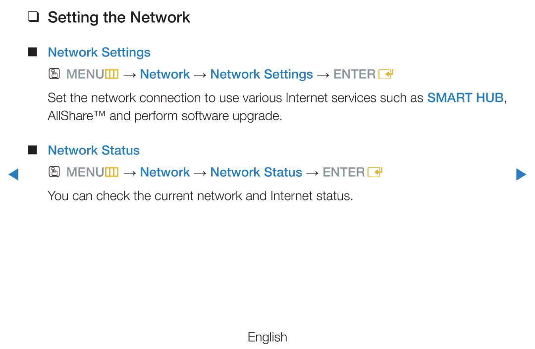 Samsung UE46D8000YSXXC, UE40D8000YSXXH Setting the Network, Network Status OO MENUm → Network → Network Status → Entere 