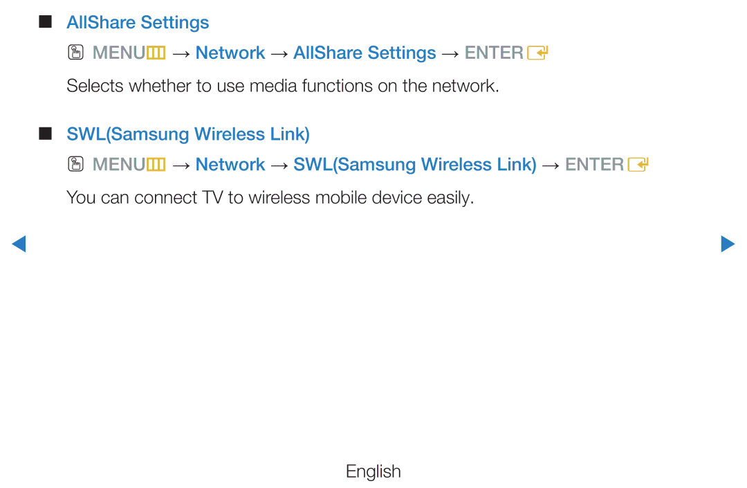 Samsung UE46D8000YSXTK, UE40D8000YSXXH Selects whether to use media functions on the network, SWLSamsung Wireless Link 