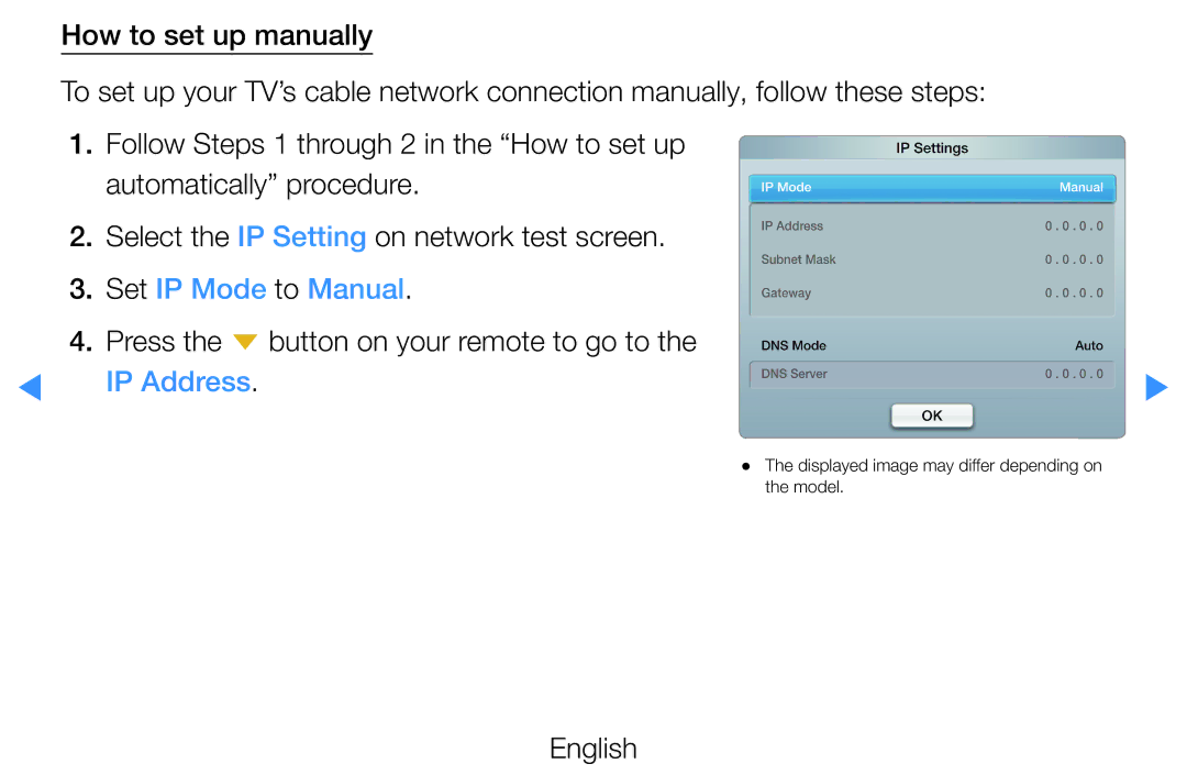 Samsung UE60D8000YSXXN, UE40D8000YSXXH, UE40D7000LSXXH manual Press the d button on your remote to go to, IP Address 