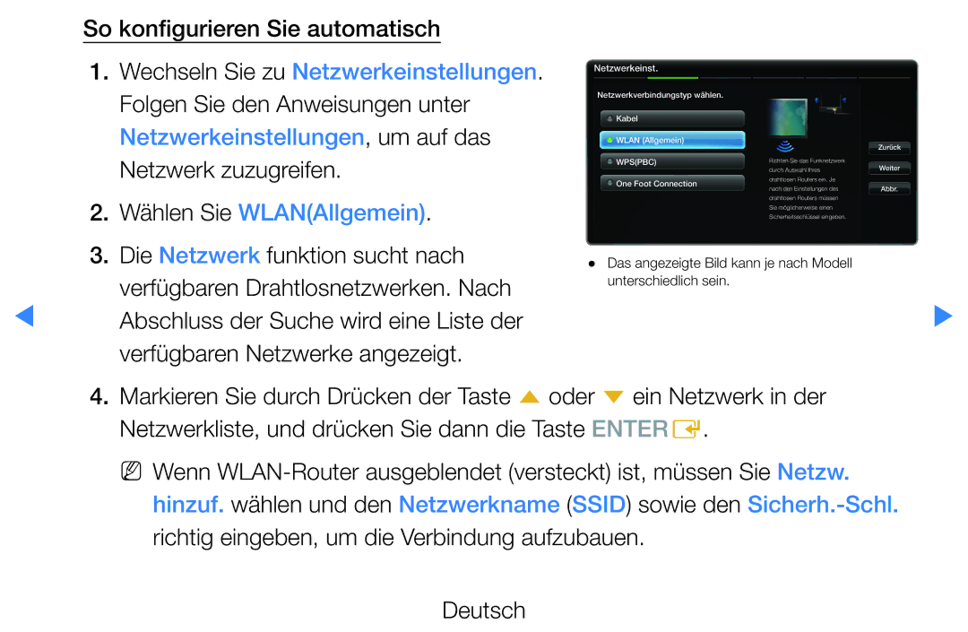 Samsung UE46D7000LSXZF, UE40D8000YSXXH, UE40D7000LSXXH manual Netzwerkeinstellungen , um auf das, Wählen Sie WLANAllgemein 