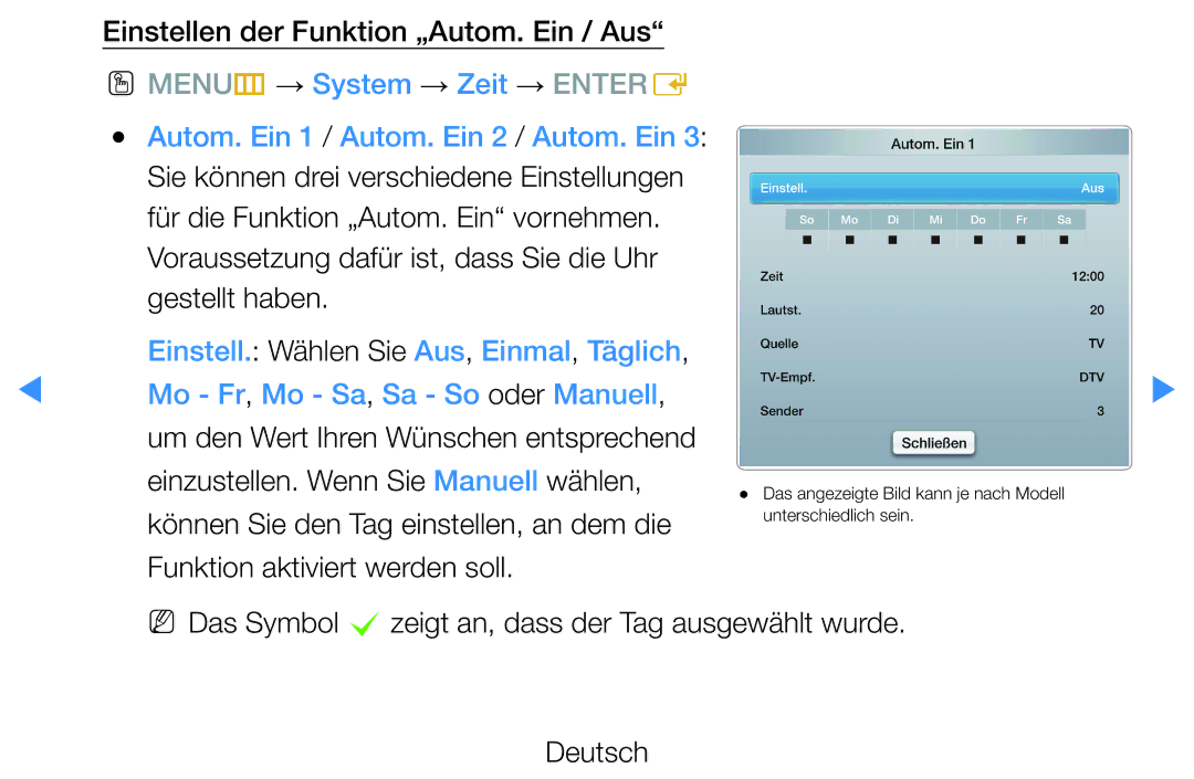 Samsung UE55D8000YSXXN, UE40D8000YSXXH, UE40D7000LSXXH, UE40D8090YSXZG manual Einstellen der Funktion „Autom. Ein / Aus 