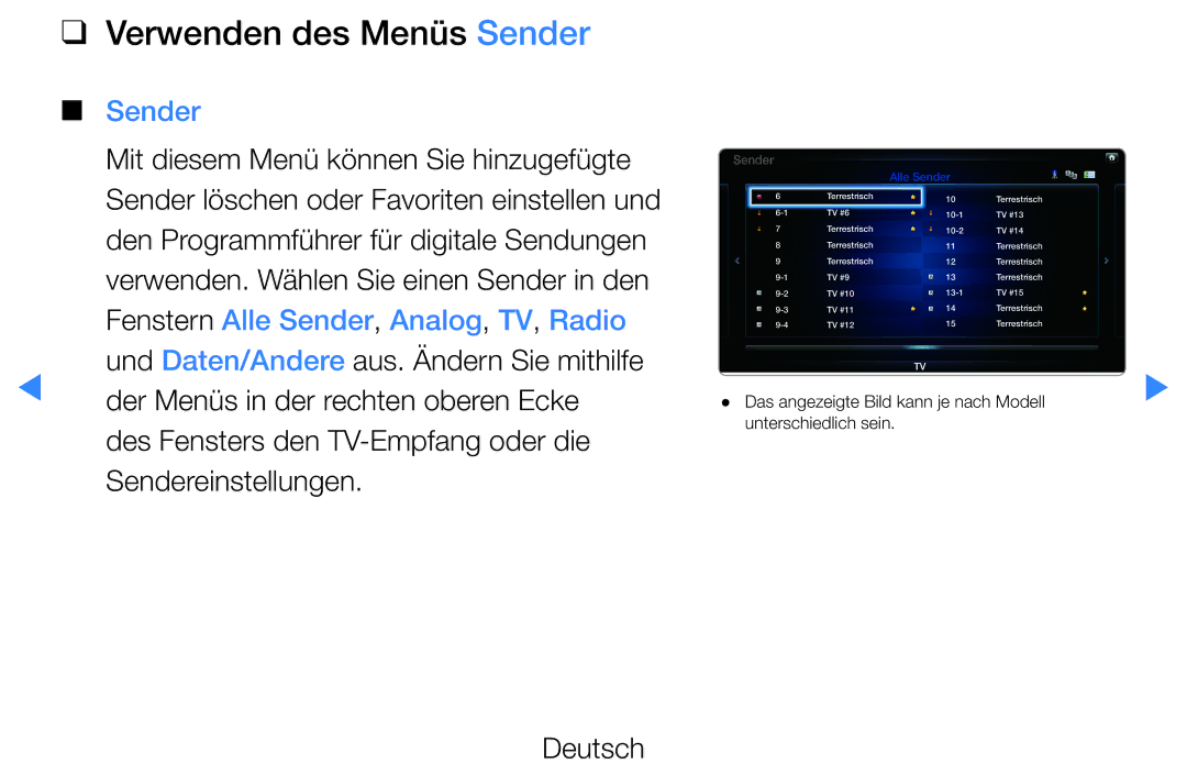 Samsung UE60D8000YSXXN, UE40D8000YSXXH, UE40D7000LSXXH, UE40D8090YSXZG, UE46D7000LSXTK manual Verwenden des Menüs Sender 