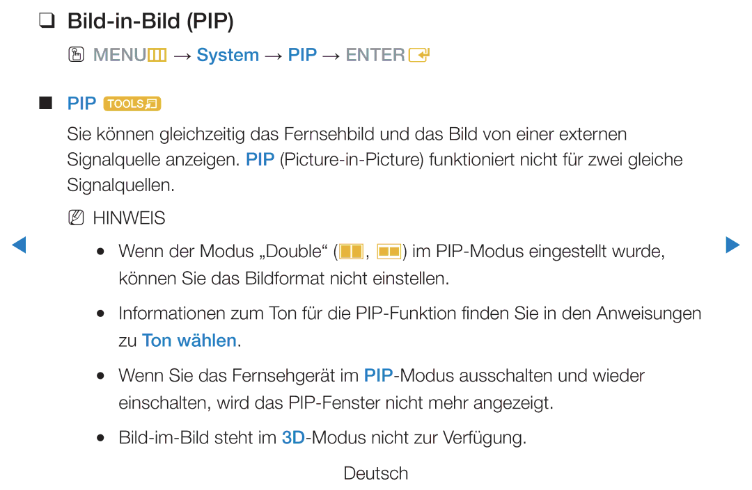 Samsung UE46D8000YSXXC, UE40D8000YSXXH manual Bild-in-Bild PIP, OO MENUm → System → PIP → Entere PIP t, Zu Ton wählen 