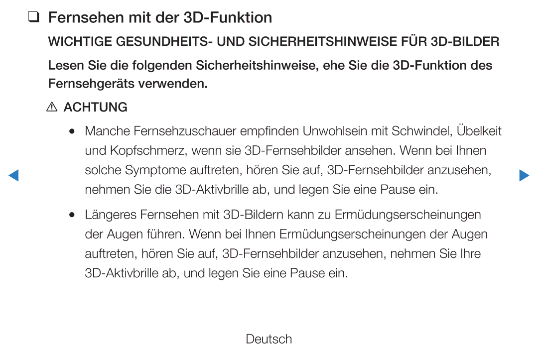 Samsung UE46D8090YSXZG manual Fernsehen mit der 3D-Funktion, Wichtige GESUNDHEITS- UND Sicherheitshinweise FÜR 3D-BILDER 