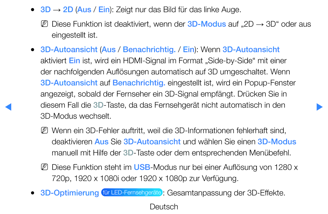 Samsung UE55D8090YSXZG, UE40D8000YSXXH manual 3D → 2D Aus / Ein Zeigt nur das Bild für das linke Auge, Eingestellt ist 